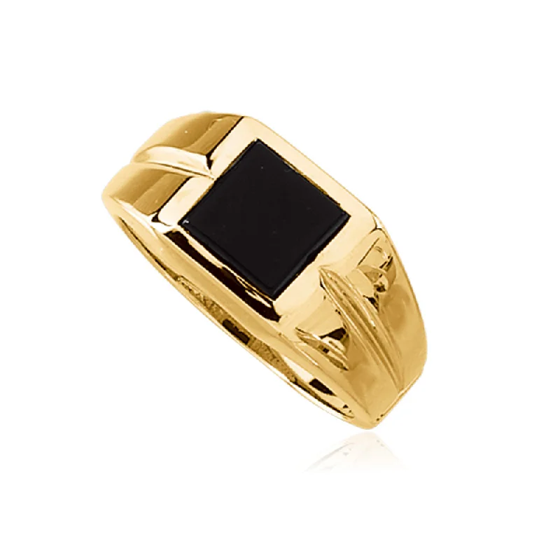 Ladies rings heart shapes-14K Yellow Gold Square Top Tapered Ring with Black Onyx