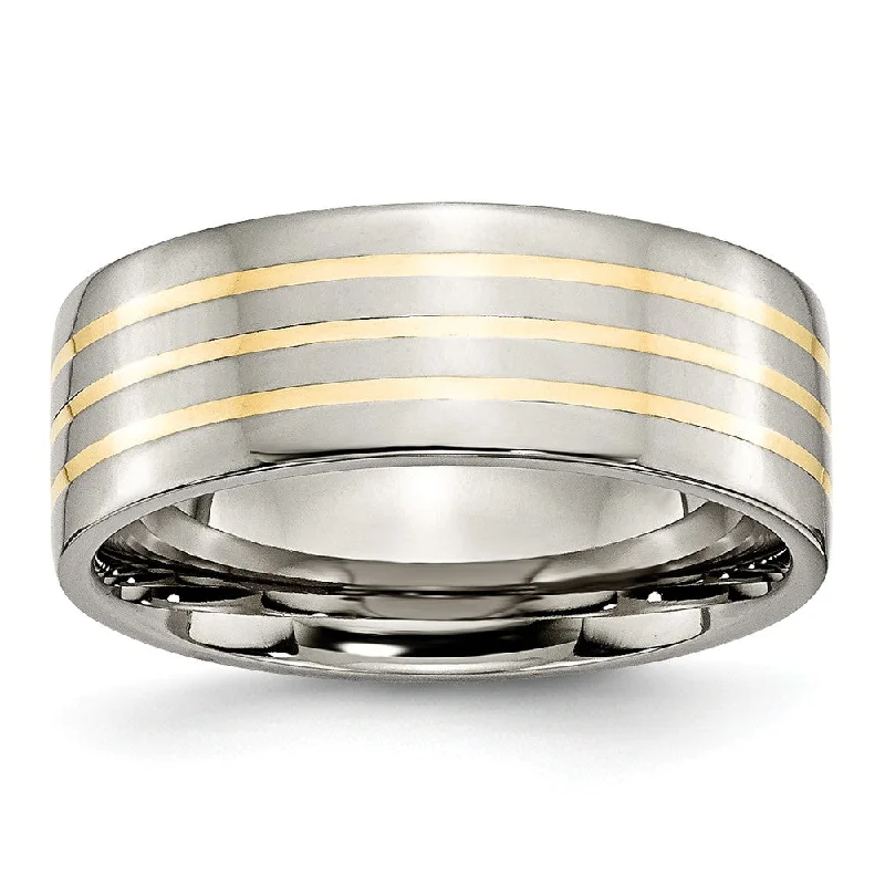 Ladies rings unique finds-Titanium and 14K Gold, 8mm Flat Unisex Comfort Fit Band