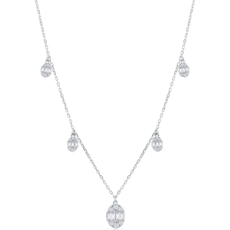 Ladies necklaces edgy flair-Classic Women's Necklace - Sterling Silver Baguette CZ Oval Charms | M-6925