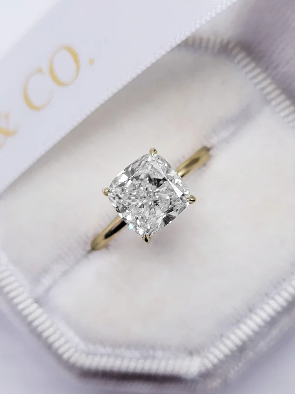 Ladies engagement rings minimalist looks-3.20 Carats Lab Grown Cushion Cut Solitaire Hidden Halo Diamond Engagement Ring