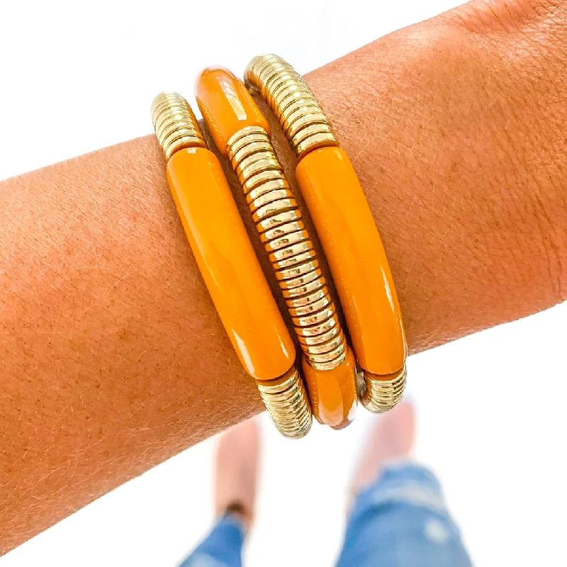 Ladies bracelets youthful looks-Acrylic Tube Bamboo Bracelet Multi Gold Disc Summer Yellow