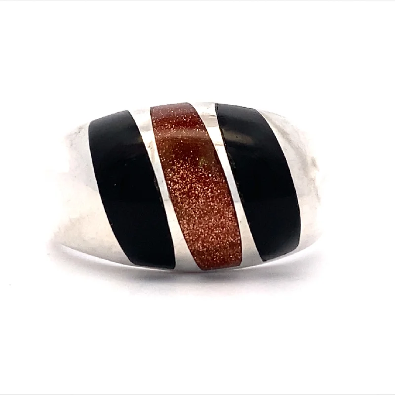 Ladies rings e-commerce sites-Estate  Onyx And Sunstone Simulant Ring in Silver