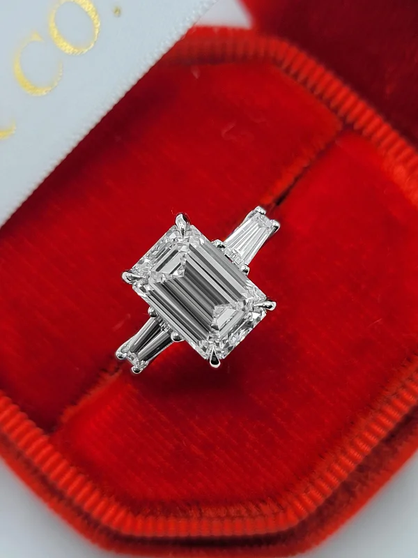 Ladies engagement rings viral styles-3.39 Carats Lab Grown Emerald Cut with Baguettes Three Stone Diamond Engagement Ring