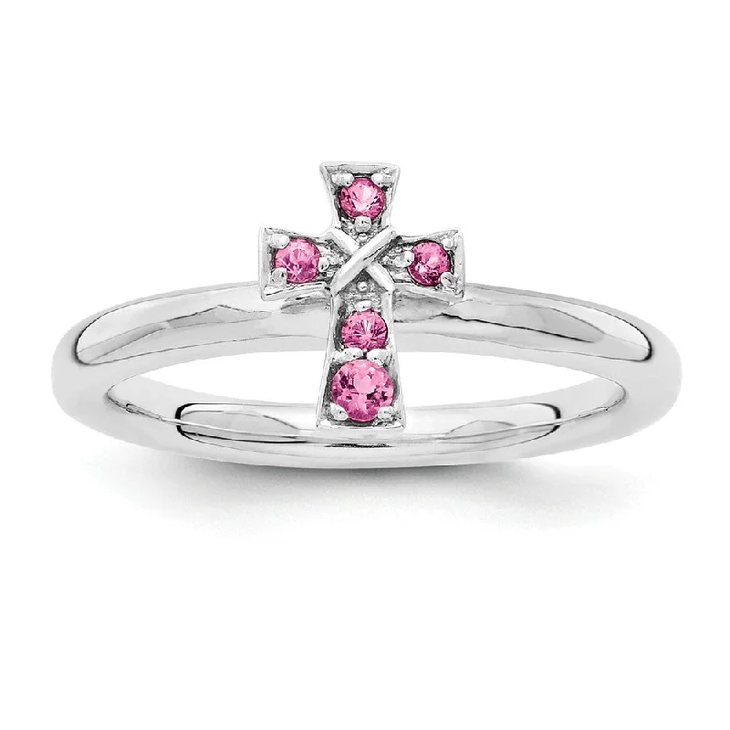 Ladies rings e-commerce sites-Rhodium Sterling Silver Stackable Pink Tourmaline 9mm Cross Ring