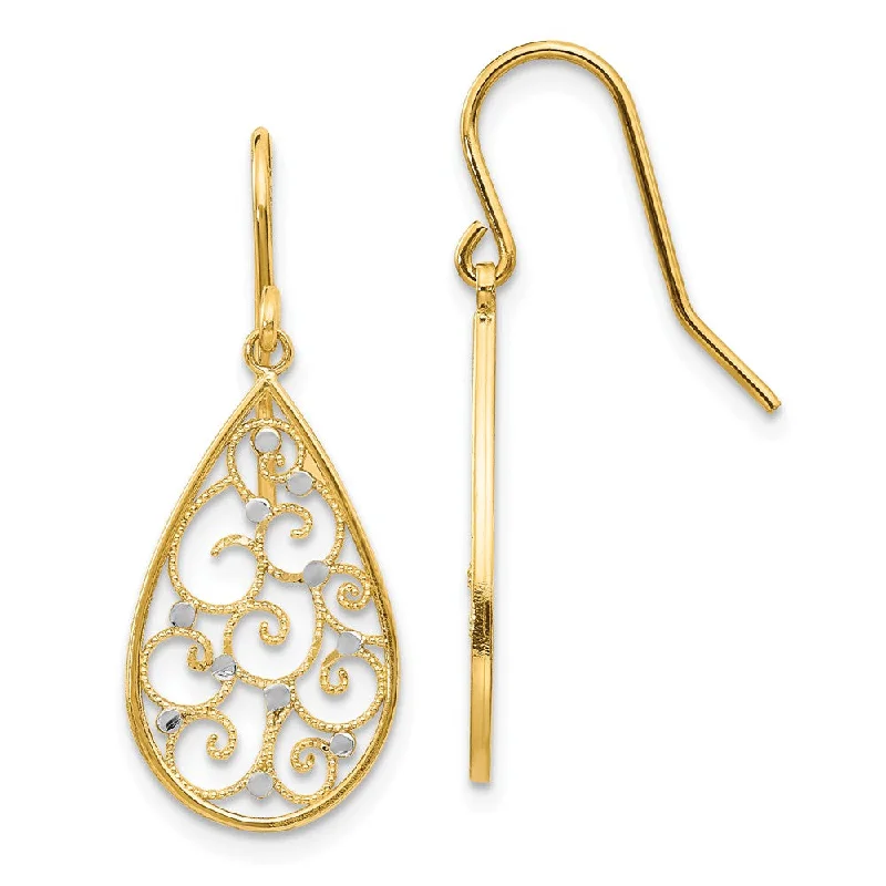 Ladies earrings perfect gifts-Open Scroll Teardrop Earrings in 14k Yellow Gold and Rhodium