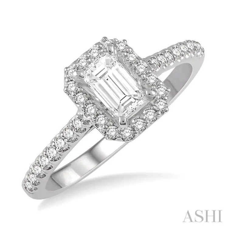 Ladies engagement rings viral styles-3/8 Ctw Octagon Shape Engagement Ring with 1/4 Ct Emerald Cut Center Stone in 14K White Gold