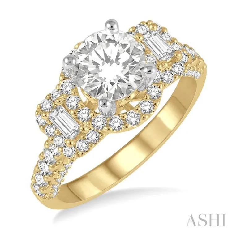 Ladies engagement rings boho designs-7/8 ctw Circular Tri-Mount Baguette and Round Cut Diamond Semi-Mount Engagement Ring in 14K Yellow and White gold