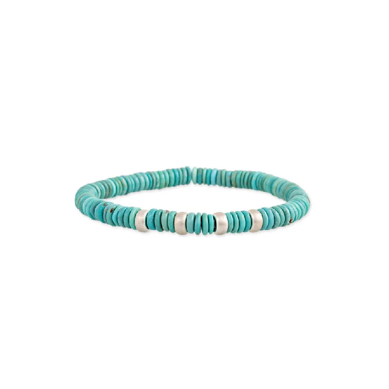 Ladies bracelets playful designs-4 SPACED OUT STERLING SILVER BEADS + TURQUOISE BEADED STRETCH BRACELET