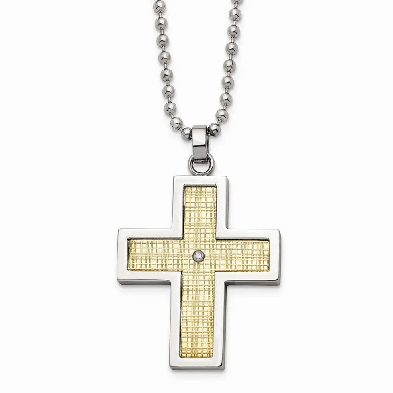 Ladies necklaces love day-Stainless Steel w/18k Polished Textured Diamond Cross Necklace