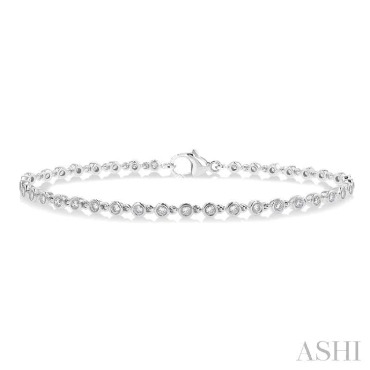 Ladies bracelets sibling sets-1 ctw Bezel Set Round Cut Diamond Tennis Bracelet in 14K White Gold