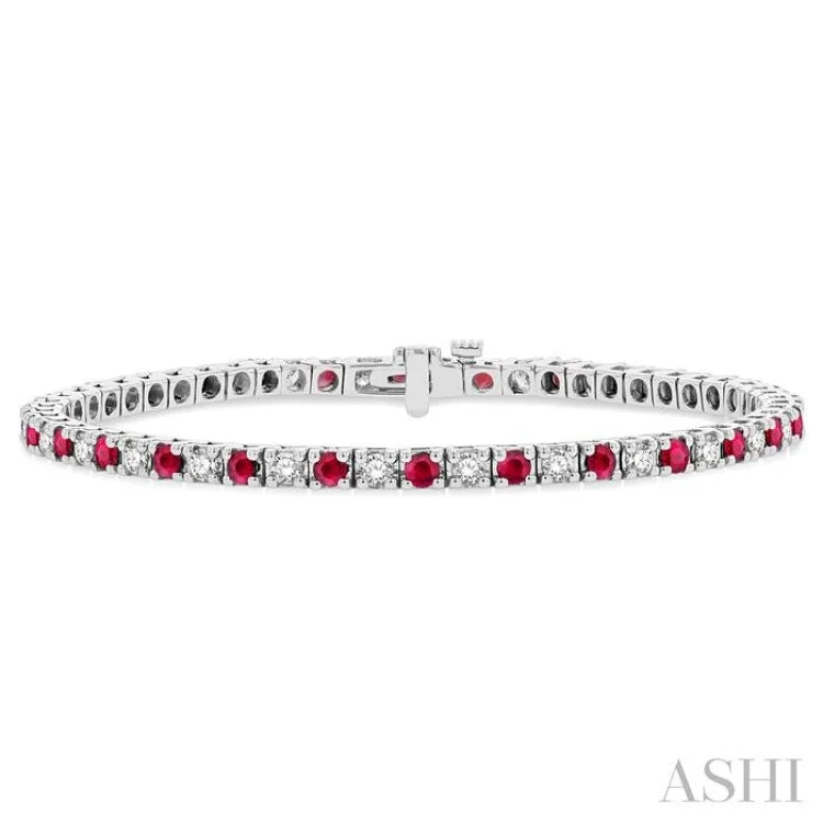 Ladies bracelets heart charms-1 1/2 ctw Square Box Link 2.5MM Ruby and Round Cut Diamond Precious Tennis Bracelet in 14K White Gold