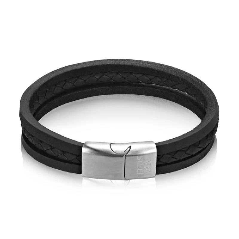 Ladies bracelets sibling sets-A.R.Z Men's Triple Strand Black Leather 8.5  Bracelet