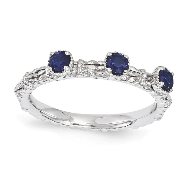 Ladies rings buying tips-Sterling Silver Stackable Created Sapphire Round Three Stone Ring