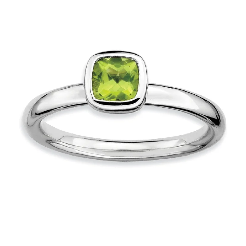 Ladies rings engagement choices-Silver Stackable Cushion Cut Peridot Solitaire Ring