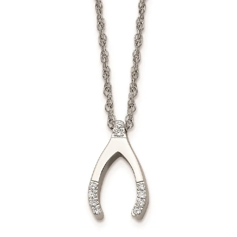 Ladies necklaces faux jewels-Stainless Steel w/ CZ Wishbone Necklace