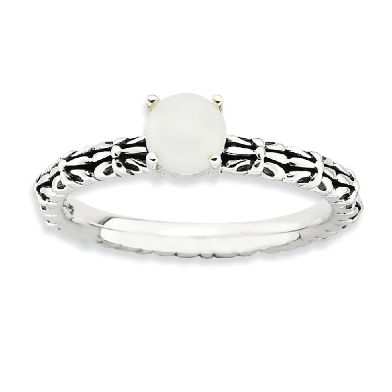 Ladies rings lightweight feel-Antiqued SS Stackable White Agate Ring