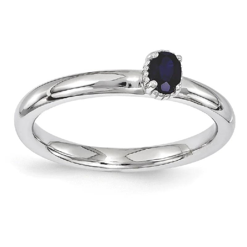 Ladies rings proposal gifts-Sterling Silver Stackable Created Sapphire Oval Single Stone Ring