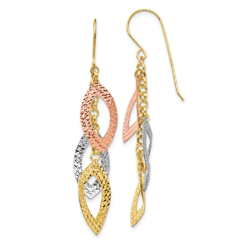 Ladies earrings hot picks-Tri Color Diamond Cut Dangle Earrings in 14k Gold