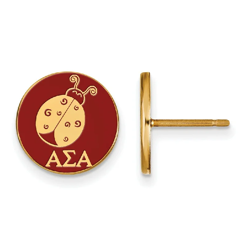 Ladies earrings refined charm-14K Plated Silver Alpha Sigma Alpha Enamel Ladybug Disc Post Earrings