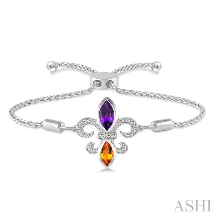 Ladies bracelets sleek modern-1/20 Ctw Marquise 10x5mm Amethyst & 8x4mm Citrine Round Diamond Fleur De Lis Sterling Silver Lariat Bracelet