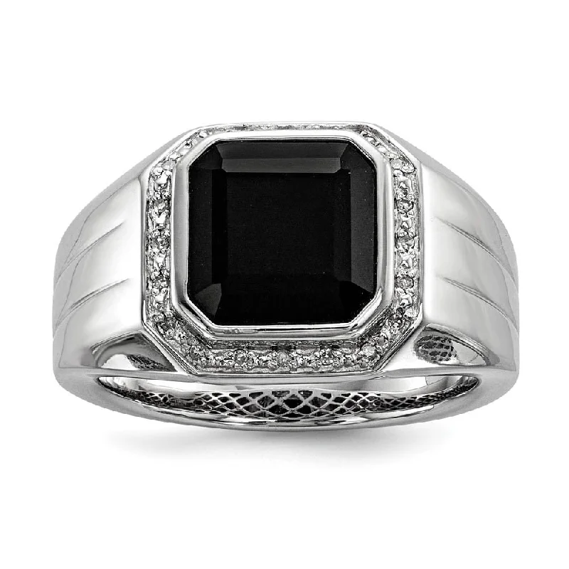 Ladies rings viral picks-Diamond & Black Onyx Octagon 16mm Tapered Ring in Sterling Silver