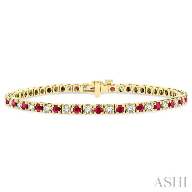 Ladies bracelets mom’s day-1 1/2 ctw Square Box Link 2.5MM Ruby and Round Cut Diamond Precious Tennis Bracelet in 14K Yellow Gold