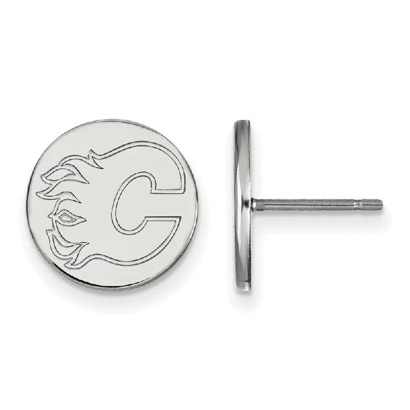 Ladies earrings clean lines-Sterling Silver NHL Calgary Flames Small Disc Post Earrings