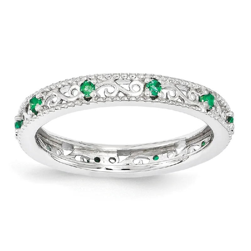 Ladies rings gothic appeal-3mm Sterling Silver Stackable Expressions Created Emerald Scroll Band