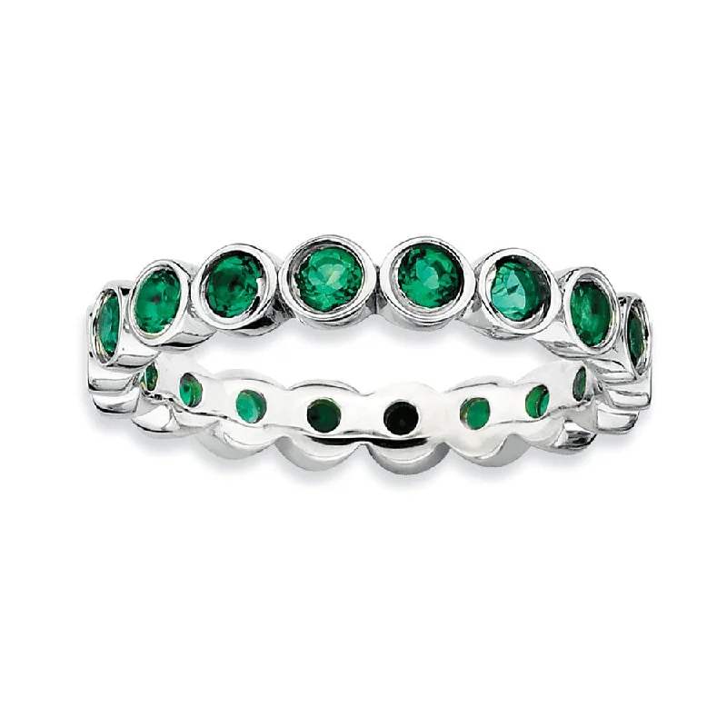 Ladies rings unique designs-Sterling Silver Stackable Bezel Set Created Emerald 3.5mm Band