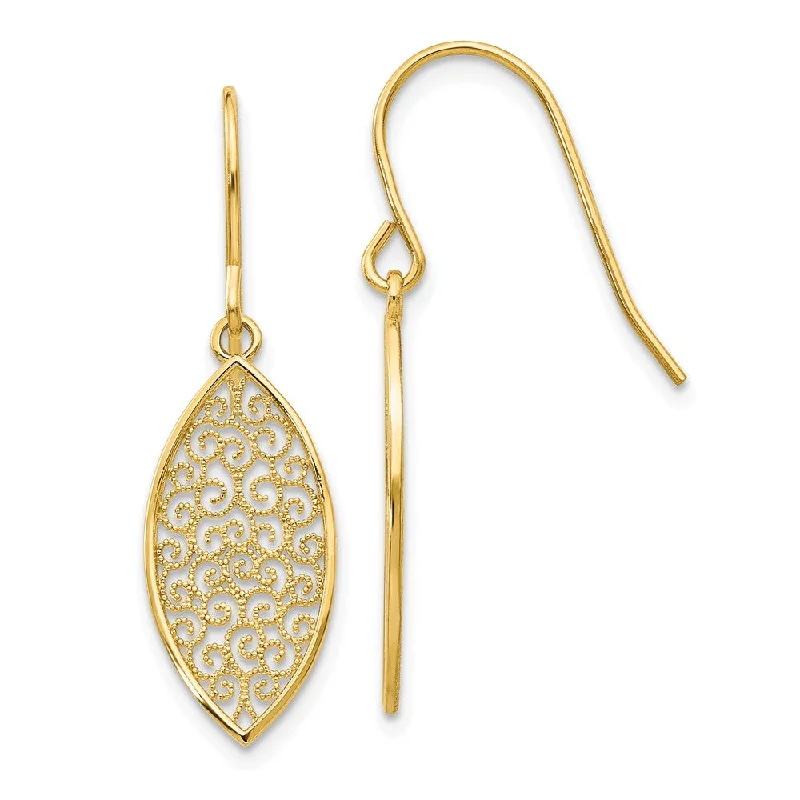 Ladies earrings festive gifts-Marquise Filigree Dangle Earrings in 14k Yellow Gold