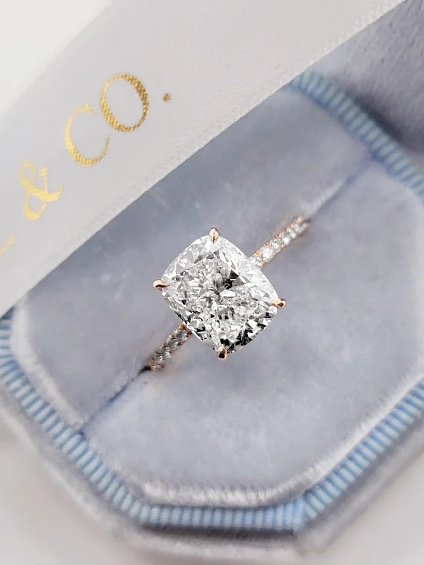 Ladies engagement rings investment pieces-3.56 Carats Lab Grown Elongated Cushion Cut Micropaved Side Stones Hidden Halo Diamond Engagement Ring