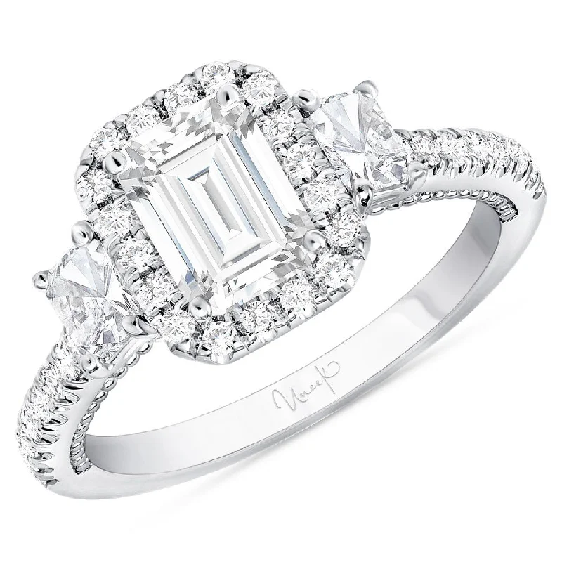 Ladies engagement rings sizing tips-Uneek Us Collection 3-Stone-Halo Radiant Engagement Ring