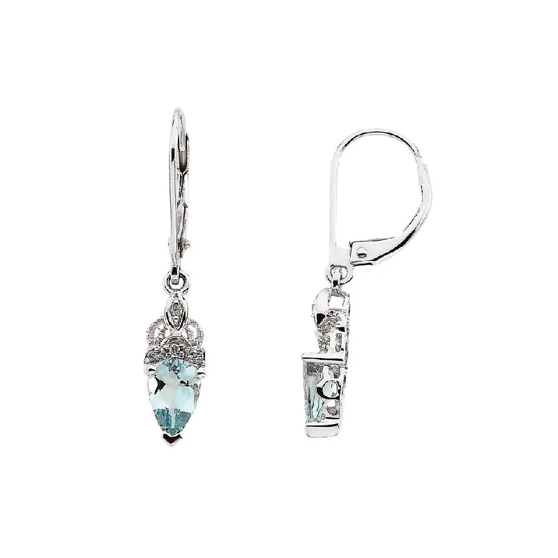 Ladies earrings playful designs-Aquamarine and Diamond Lever Back Earrings in 14k White Gold