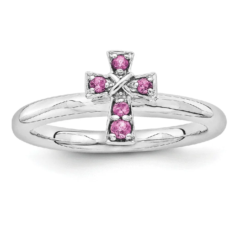 Ladies rings fashion trends-Rhodium Sterling Silver Stackable Rhodolite Garnet 9mm Cross Ring