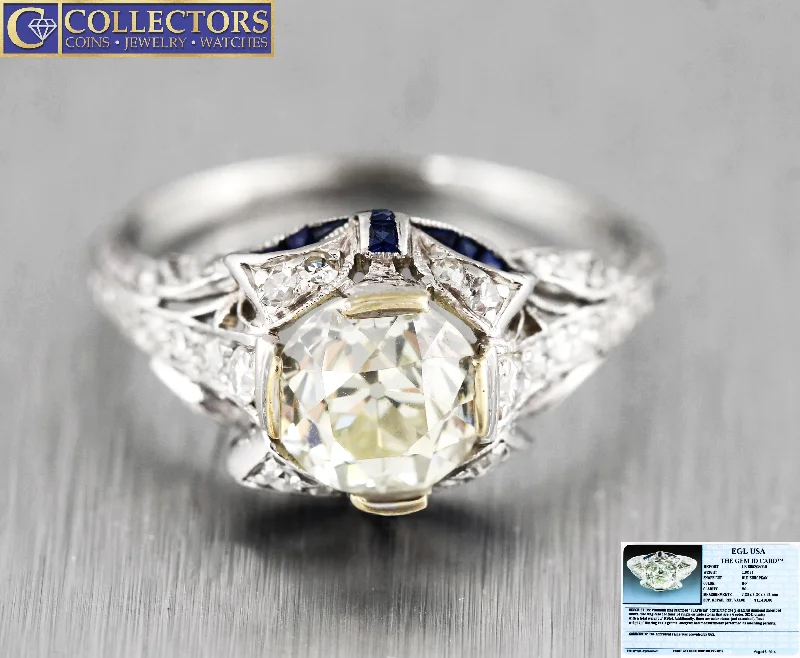 Ladies engagement rings oval designs-Ladies Antique Art Deco Platinum 2.12ctw Diamond Sapphire Engagement Ring EGL