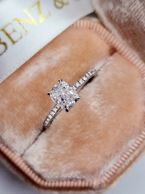 Ladies engagement rings celebrity looks-1.45 Carats Elongated Cushion Cut Micropaved Side Stones Hidden Halo Diamond Engagement Ring