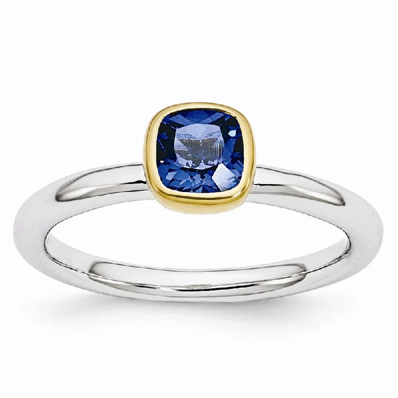 Ladies rings luxury brands-Two Tone Sterling Silver Stackable 5mm Cushion Created Sapphire Ring