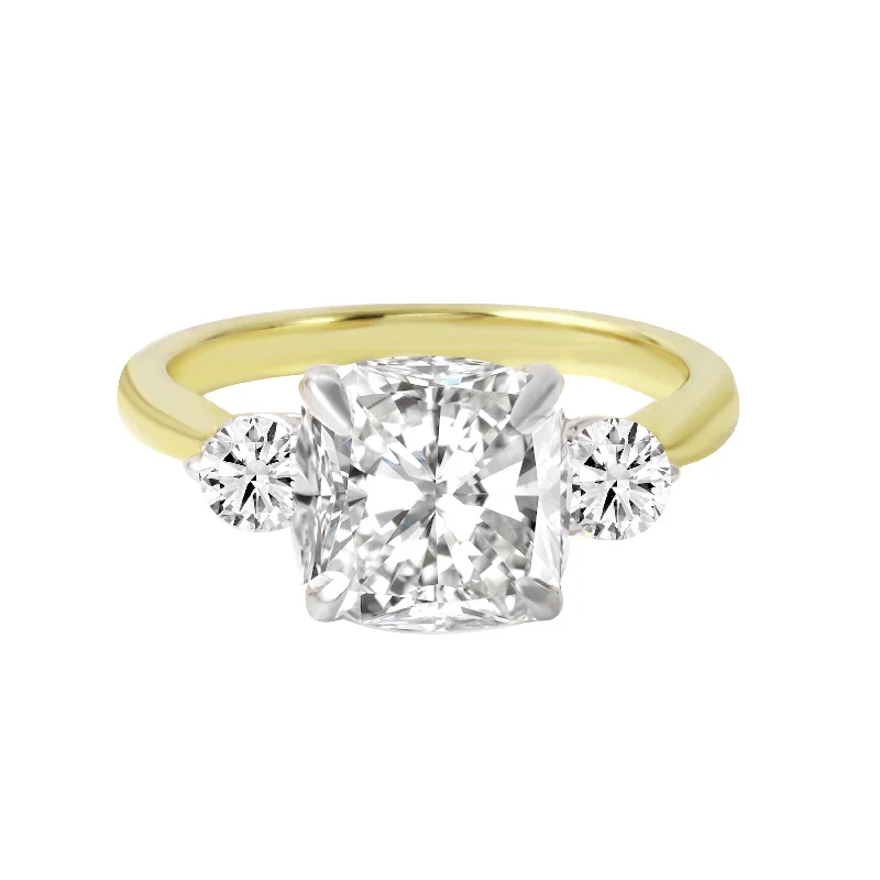 Ladies engagement rings European flair-Three Stone Cushion and Round Cut Diamond Engagement Ring