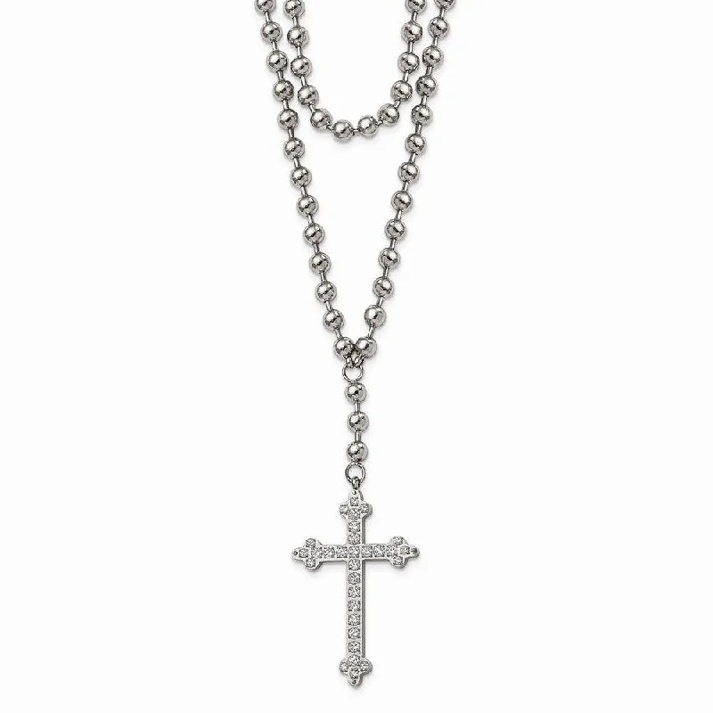 Ladies necklaces shop locations-Stainless Steel Polished Cross w/Crystal Two Bead Chain Necklace