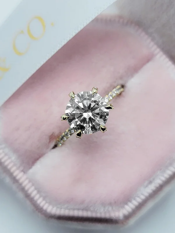 Ladies engagement rings store finds-2.52 Carats Lab Grown Round Brilliant Cut Micropave Side Stones Accented Prongs Diamond Engagement Ring in Yellow Gold