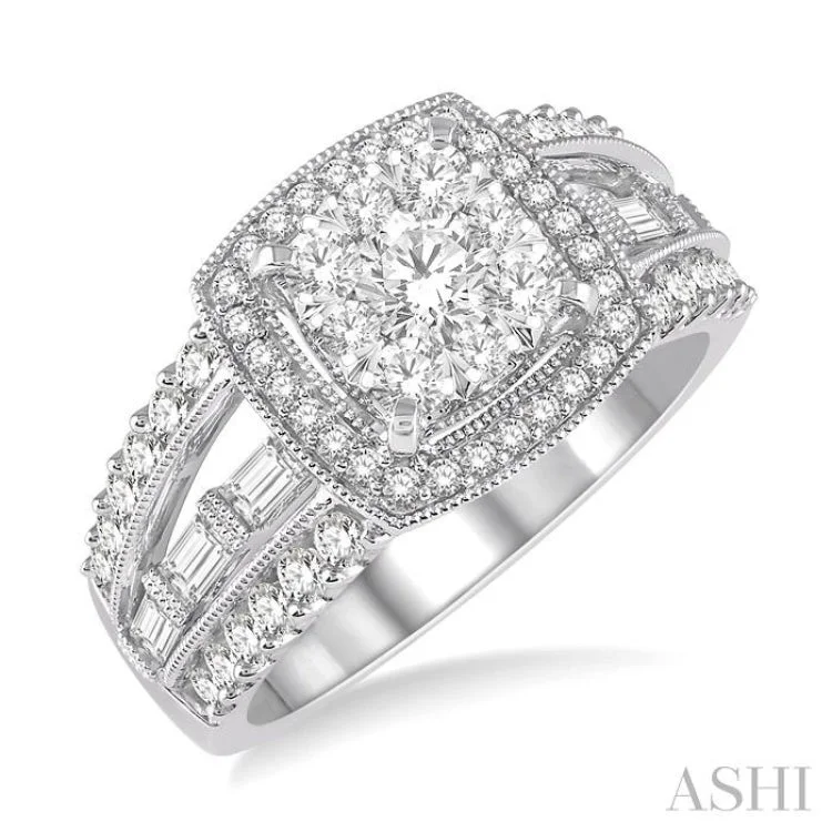 Ladies engagement rings edgy flair-1 3/8 Ctw Diamond Lovebright Vintage-Inspired Halo Style Engagement Ring in 14K White Gold