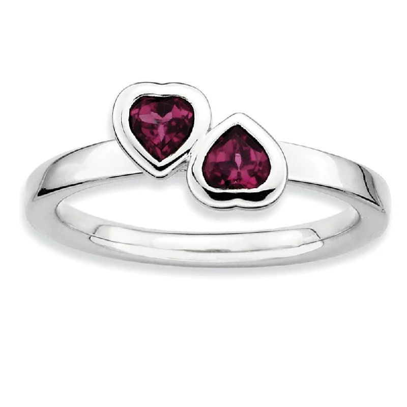 Ladies rings modern styles-Sterling Silver Stackable Double Heart Rhodolite Garnet Ring