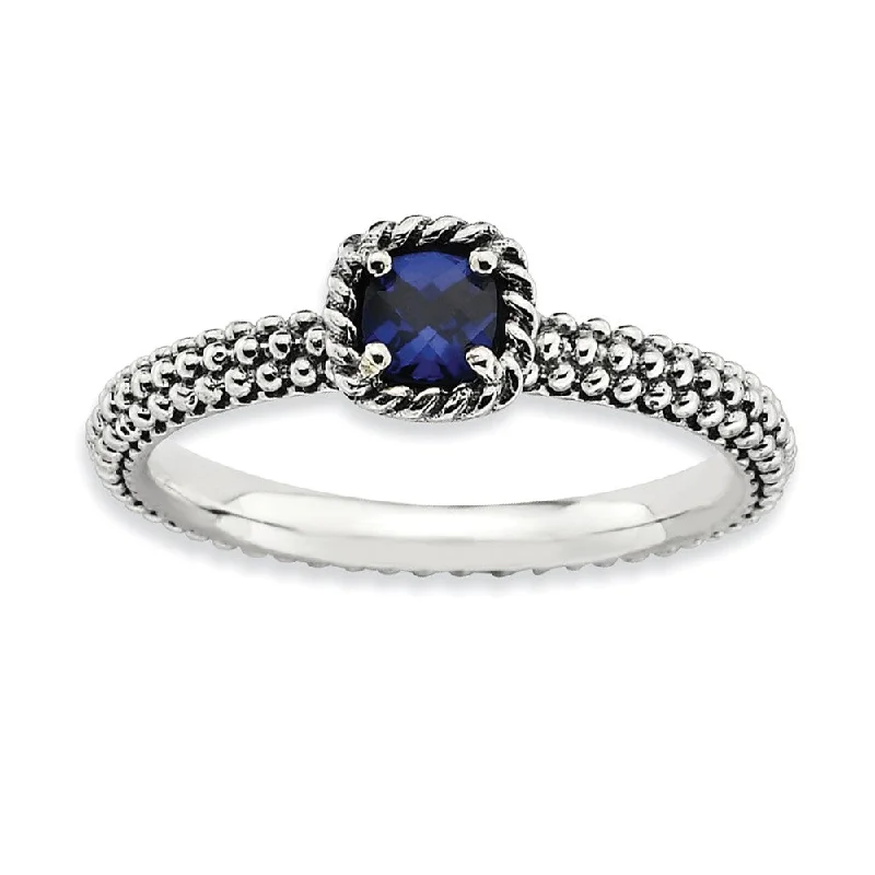 Ladies rings celebrity styles-Antiqued Sterling Silver Stackable Created Sapphire Ring