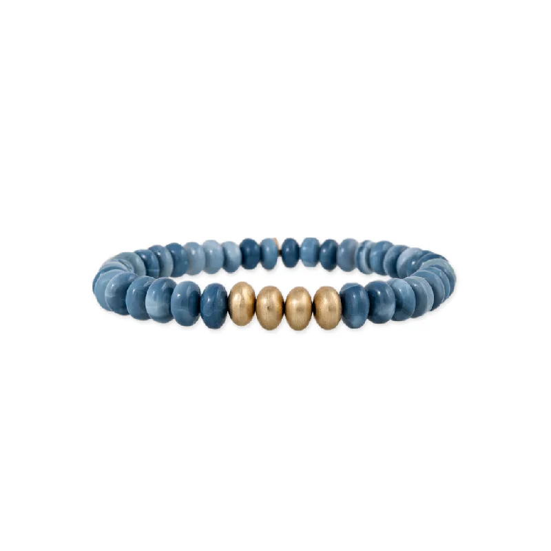 Ladies bracelets European charm-4 SATIN GOLD BEADS + BLUE OPAL BEADED STRETCH BRACELET