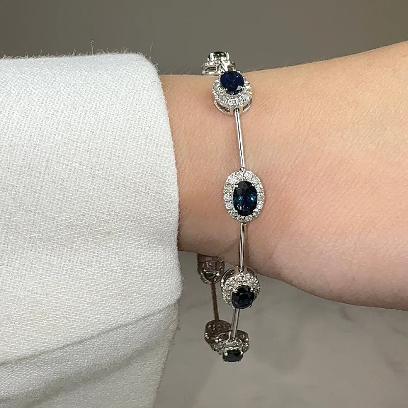 Ladies bracelets bangle looks-Oval Shape Sapphire Featuring Diamond Halo 18K White Gold Station Set Bracelet