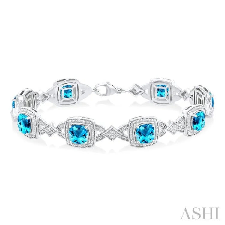 Ladies bracelets exclusive editions-1/10 ctw Cushion Cut 7X7MM Blue Topaz and Round Cut Diamond Semi Precious Bracelet in Sterling Silver