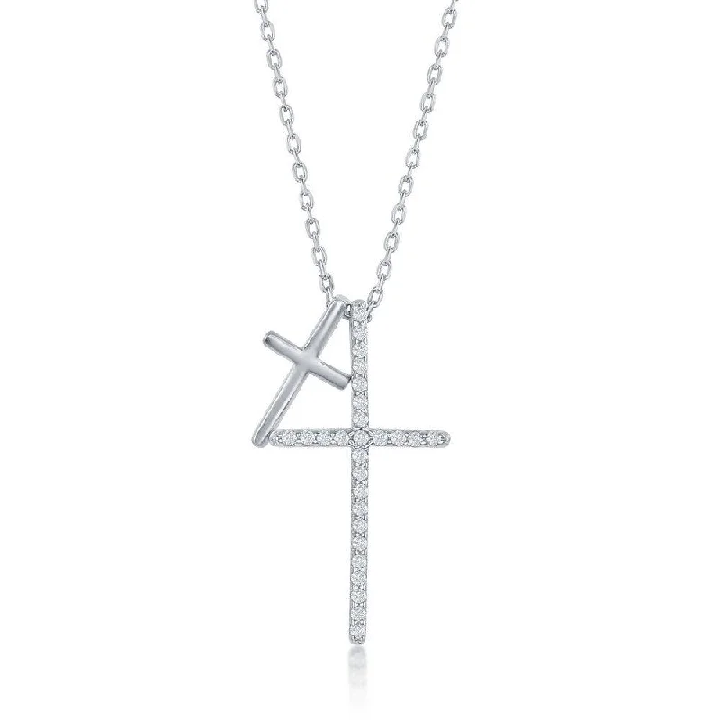 Ladies necklaces rare collectibles-Sterling Silver Double Cross Cubic Zirconia Necklace