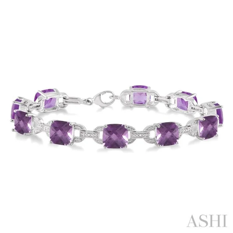 Ladies bracelets love day-7x7 mm Cushion Cut Amethyst and 1/20 Ctw Round Cut Diamond Fashion Bracelet in Sterling Silver