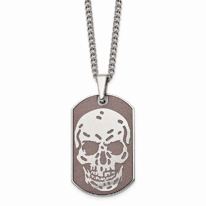 Ladies necklaces silver tones-Stainless Steel Brown IP-plated Skull Dog Tag 24in Necklace