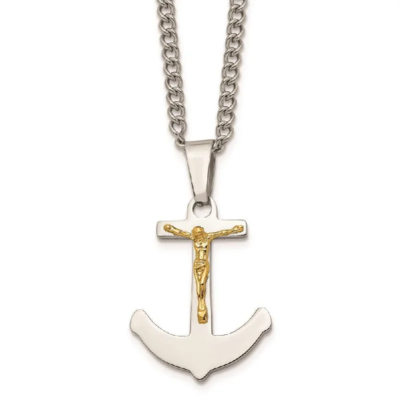 Ladies necklaces bold statements-Stainless Steel w/14k Gold Crucifix Anchor Necklace